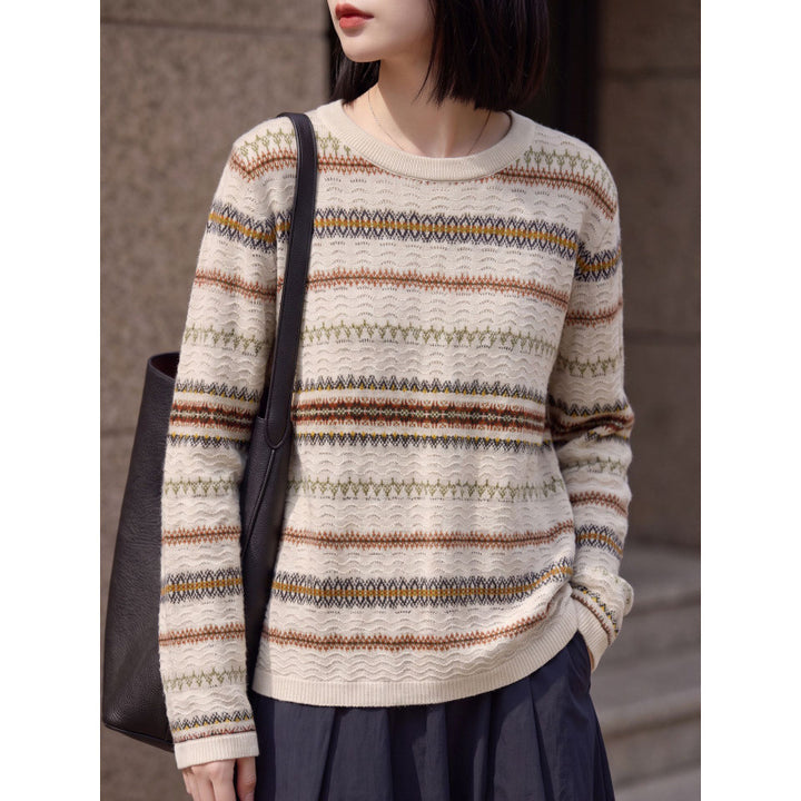 Women's Lightweight Round Neck Sweater in Norwegian Stripe Design with Structured Eyelet Optics Mune Fashion