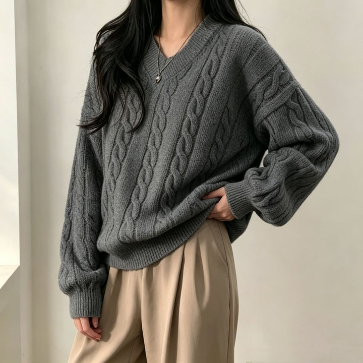 Women Oversize Cable Knit V-Neck Sweater with Dropped Shoulder Mune Fashion