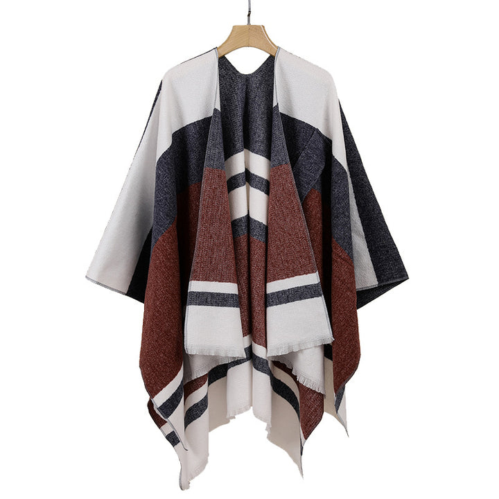 Women's Lightweight Cape Poncho made of fine knit with geometric block stripe design Mune Fashion