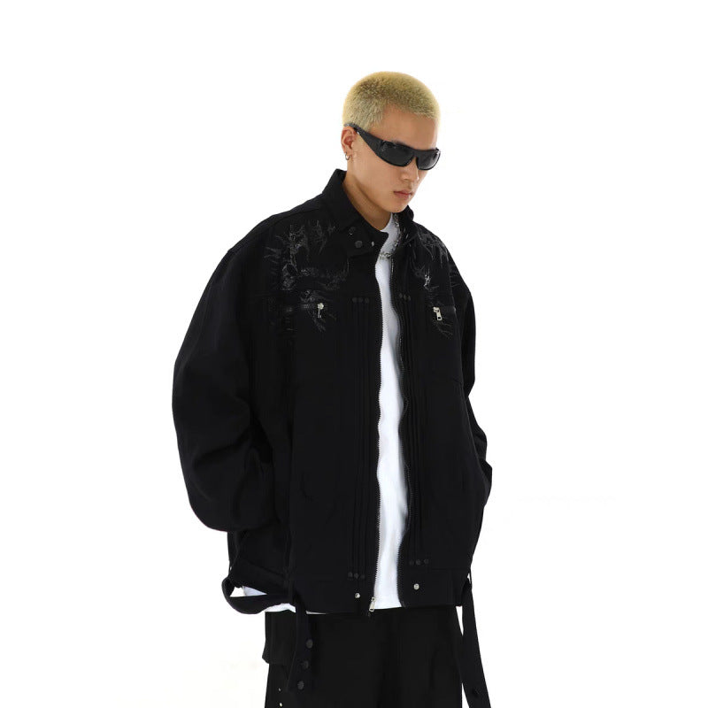 Men's Oversized Utility Jacket with Embroidery, Stand Collar, Zipper and Long Straps Mune Fashion