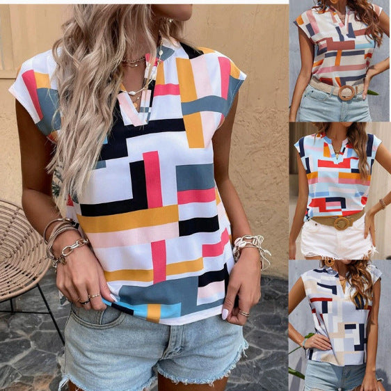 Women's Geometric Chiffon Blouse with Short Cap Sleeves and V-Slit Mune Fashion