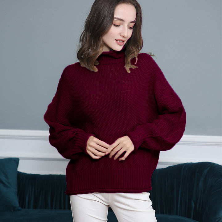 Women's Chunky Knit Turtleneck Sweater with Balloon Sleeves Mune Fashion
