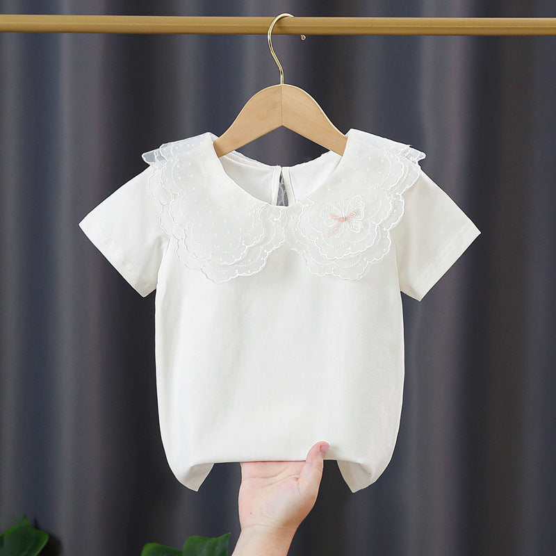 Girl T-shirt with elegant lace insert and large collar Mune Fashion