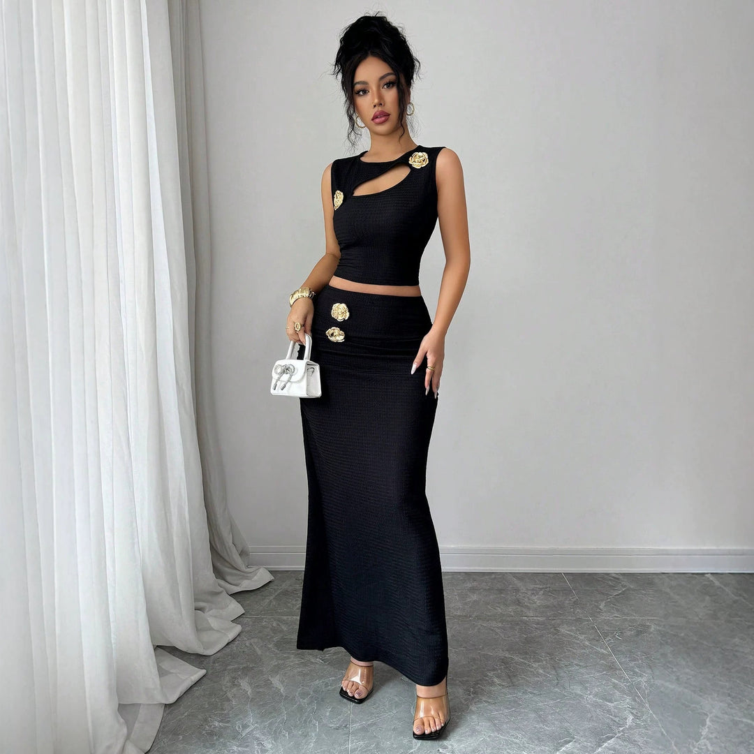 Women's two-piece tailored set with asymmetrical cut-out crop top and figure-hugging maxi pencil skirt Mune Fashion