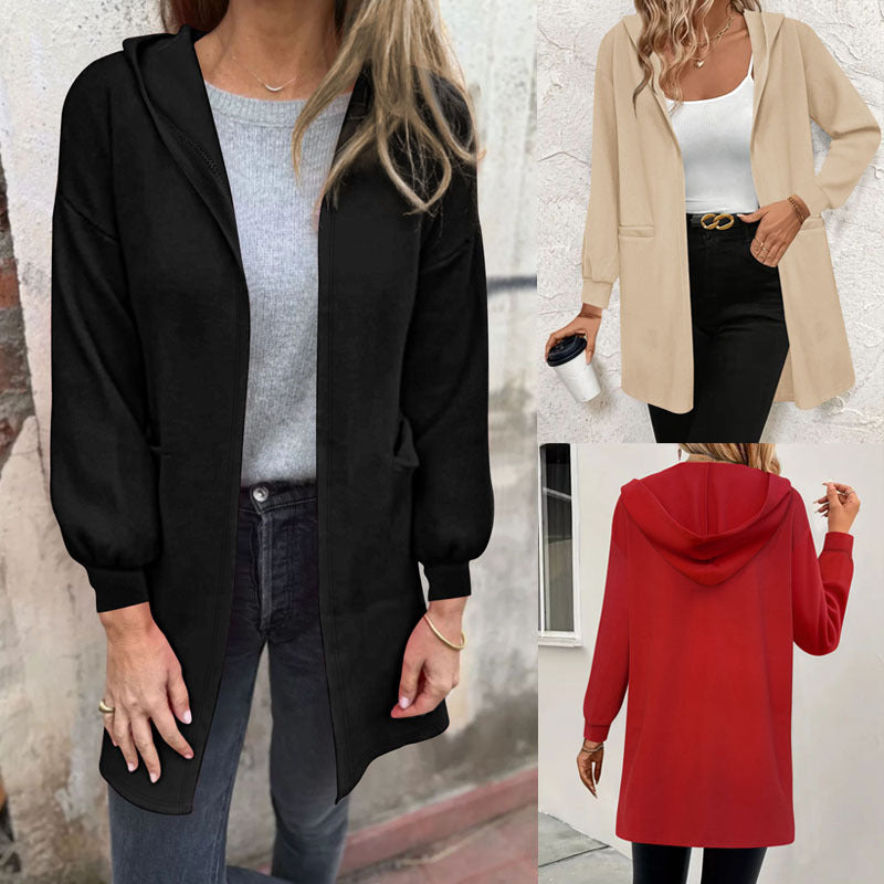 Women's Long Hooded Cardigan with Pockets and Ribbed Cuffs Drune
