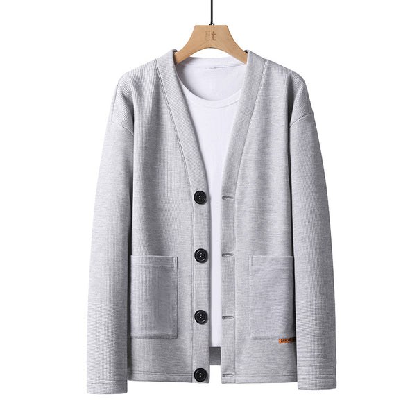 Men's lightweight knit cardigan with V-neck, button placket, and patch pockets Mune Fashion
