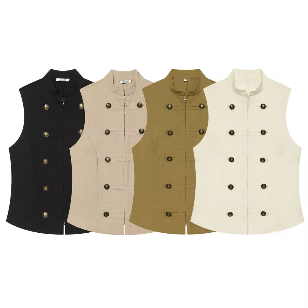 Women's fitted sleeveless military vest with stand-up collar and decorative button placket Mune Fashion