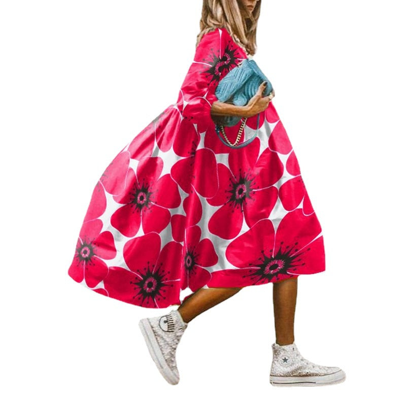 Ladies nan lightweight cotton swing dress with large floral print, 3/4 balloon sleeves and gathered waist Mune Fashion
