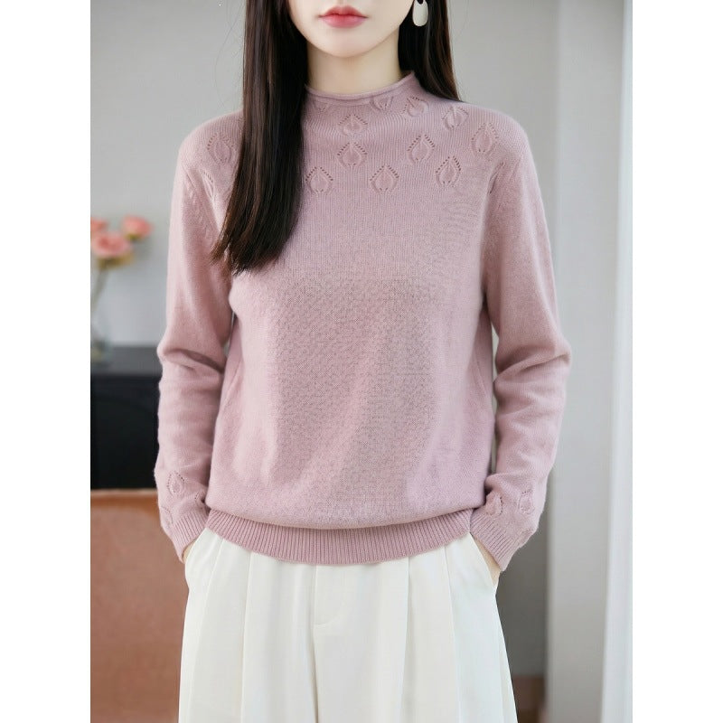 Women's Lightweight Stand Collar Sweater with Floral Lace Yoke and Fine Rib Edge Mune Fashion