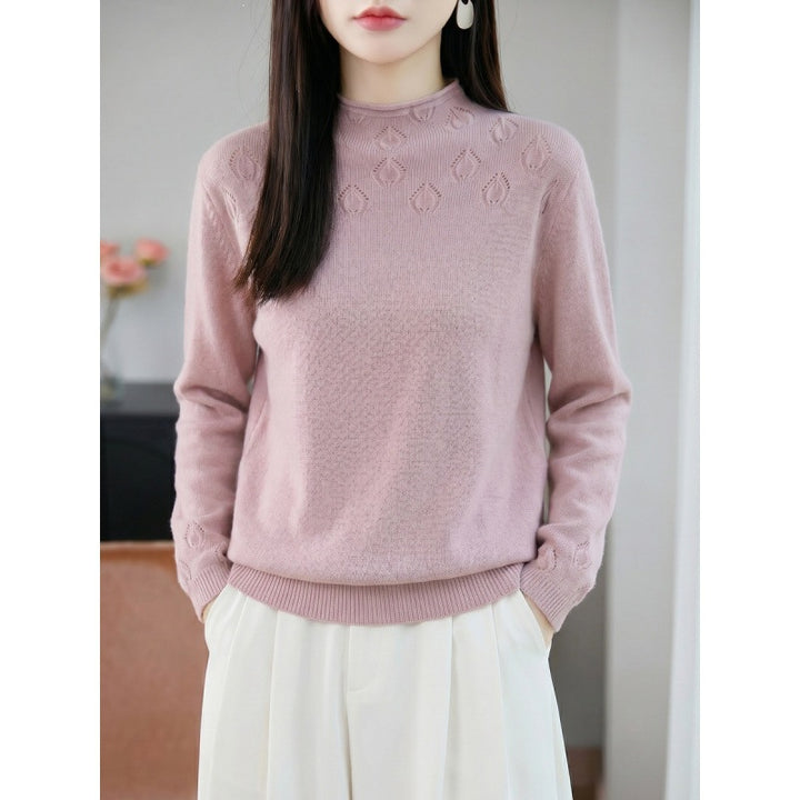 Women's Lightweight Stand Collar Sweater with Floral Lace Yoke and Fine Rib Edge Mune Fashion