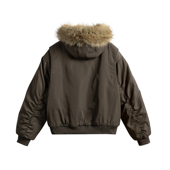 Women's short insulated field bomber jacket with hood and removable faux fur trim Mune Fashion