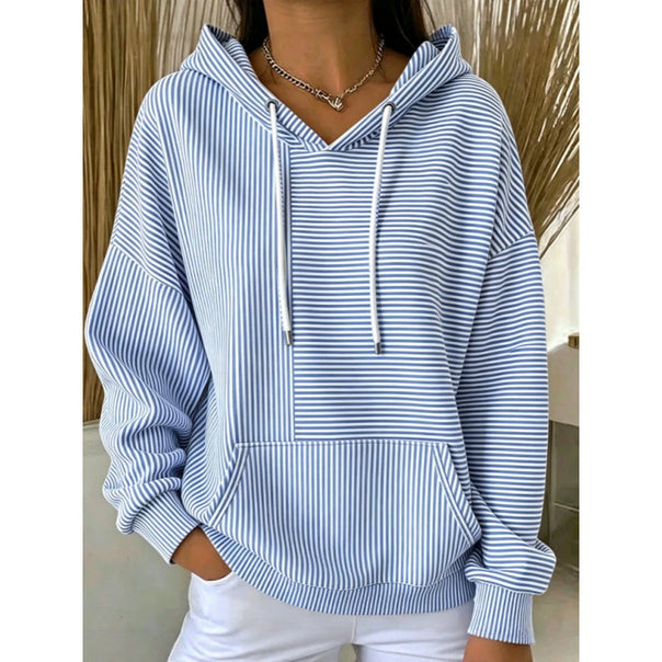 Women's Oversize Hoodie with fine stripe print, kangaroo pocket and V-neck hood Mune Fashion