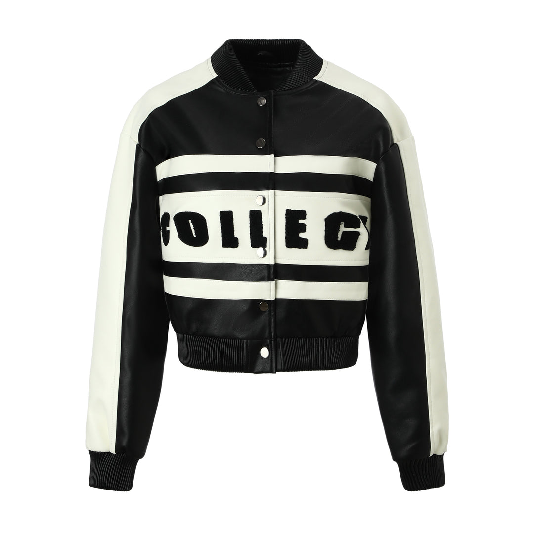 Women Cropped College Bomber Jacket made of faux leather with contrasting stripes and snap buttons Mune Fashion