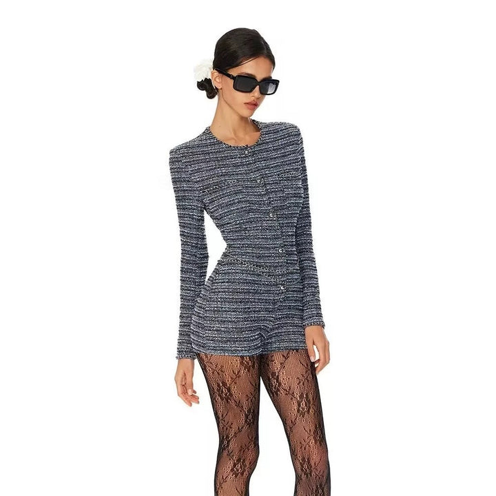 Women's Boucle Shorts Overall with Tailored Silhouette, Button Placket and Decorative Chain Mune Fashion