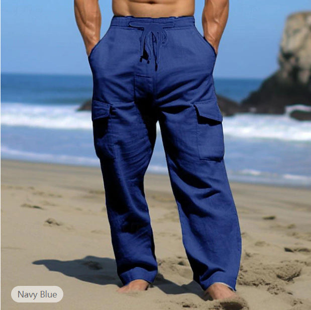 Men's relaxed-fit leisure cargo pants made of linen blend with tunnel drawstring waistband, flap pockets, and relaxed beach fit Mune Fashion