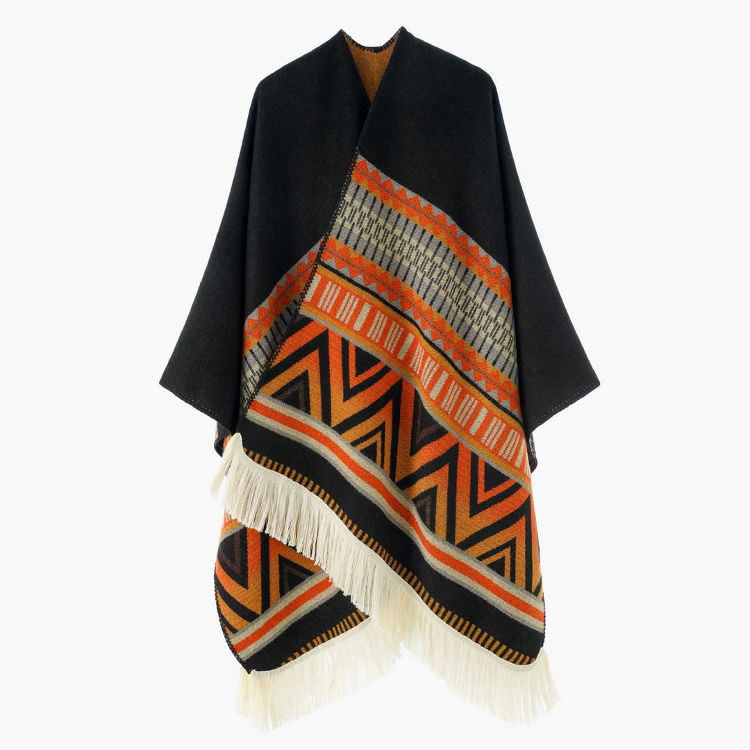 Women's Woven Ethno-Poncho with Fringes and Jacquard Pattern Mune Fashion
