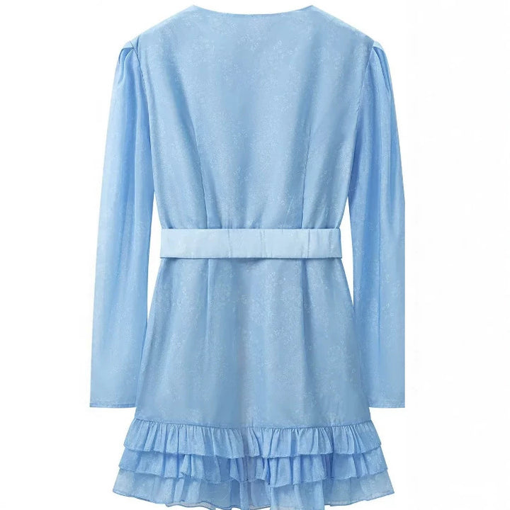 Women's Short Satin Dress with Deep V-Neck, Waist Belt and Layered Ruffles Mune Fashion