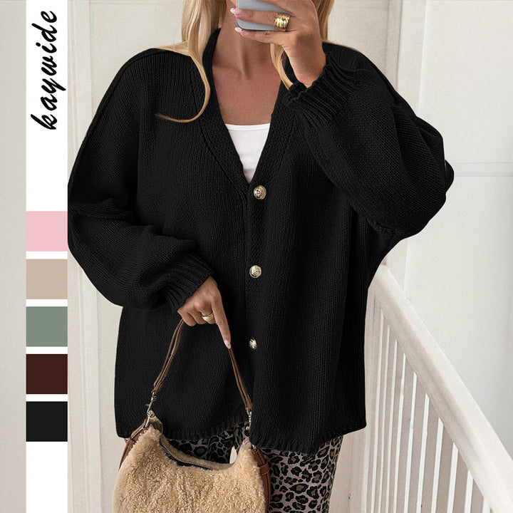 Women's Boucle Oversize Cardigan with Deep V-Neck, Kimono Sleeves and Gold Decorative Buttons Mune Fashion