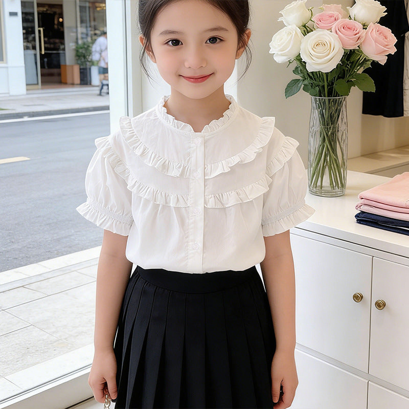 Girls Ruffled Blouse with Elegant Collar Mune Fashion