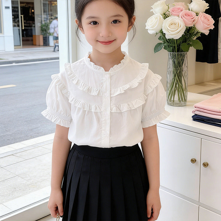 Girls Ruffled Blouse with Elegant Collar Mune Fashion