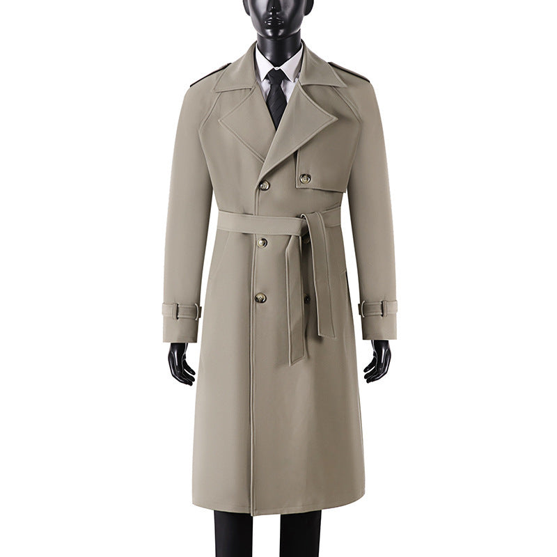 Men's Long Minimalist Trench Coat with Storm Flap, Waist Belt, and Adjustable Cuffs Mune Fashion
