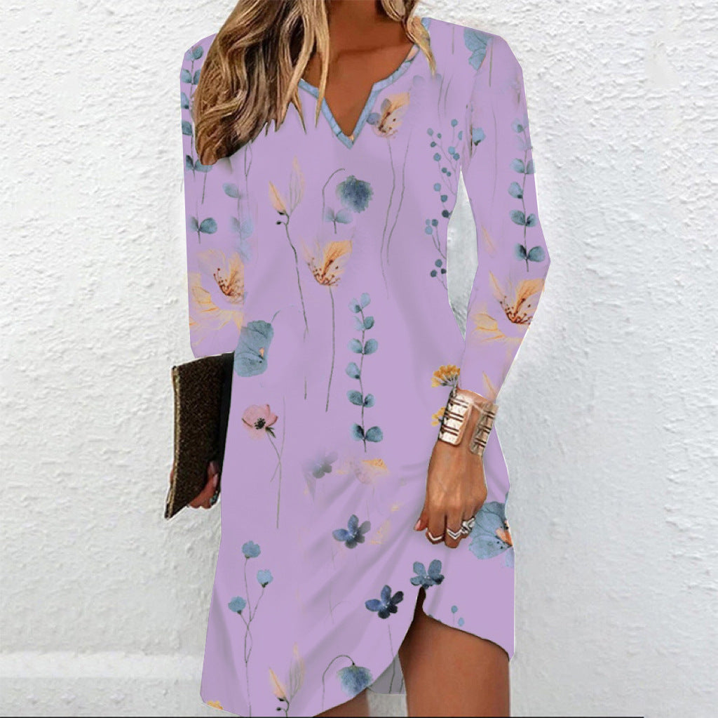 Women’s Floral V-Neck Midi Dress with Asymmetrical Hem and Long Sleeve Mune Fashion