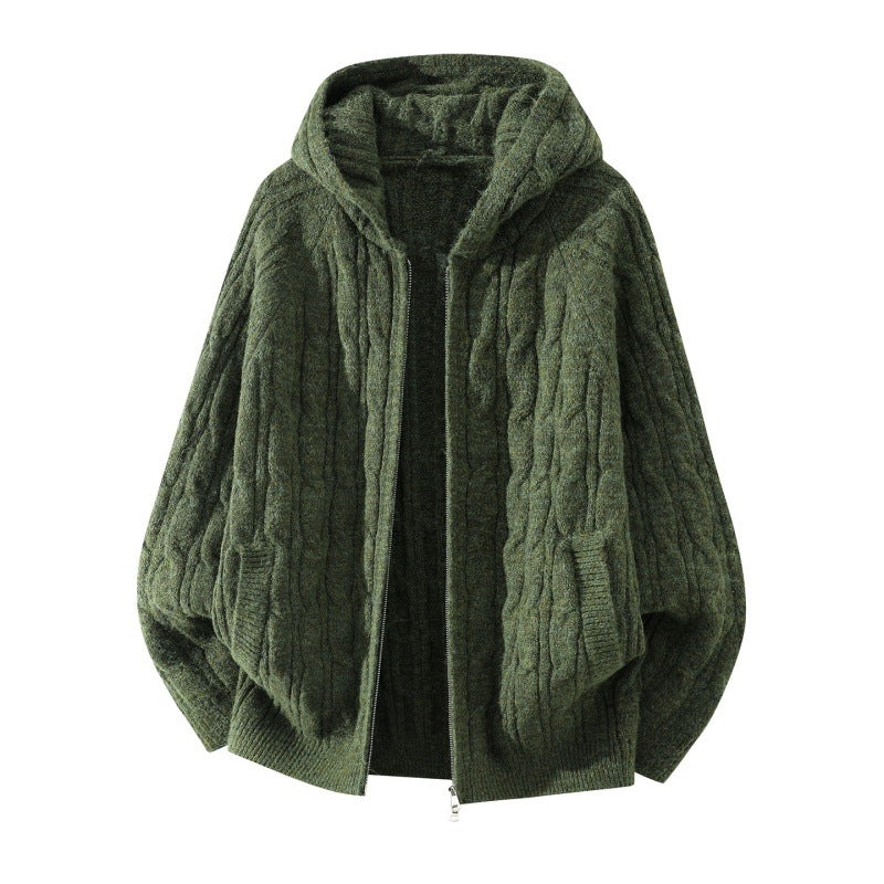 Women's Oversized Cable Knit Hooded Cardigan with Full Zip and Balloon Sleeves Mune Fashion