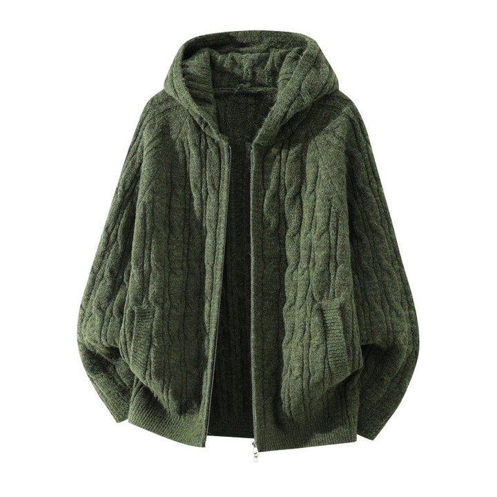 Women's Oversized Cable Knit Hooded Cardigan with Full Zip and Balloon Sleeves Mune Fashion
