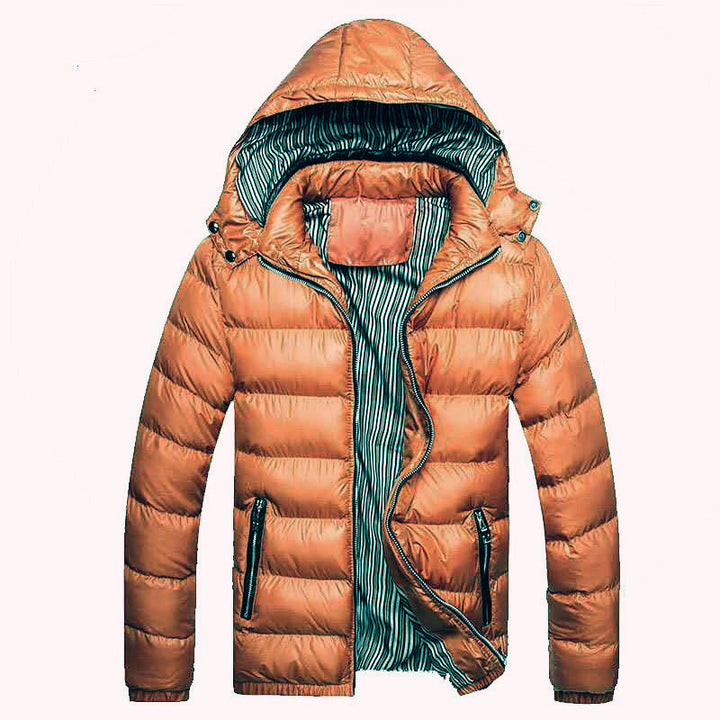 Men's Shiny Quilted Hooded Jacket with Thermo Padding and Striped Lining Mune Fashion