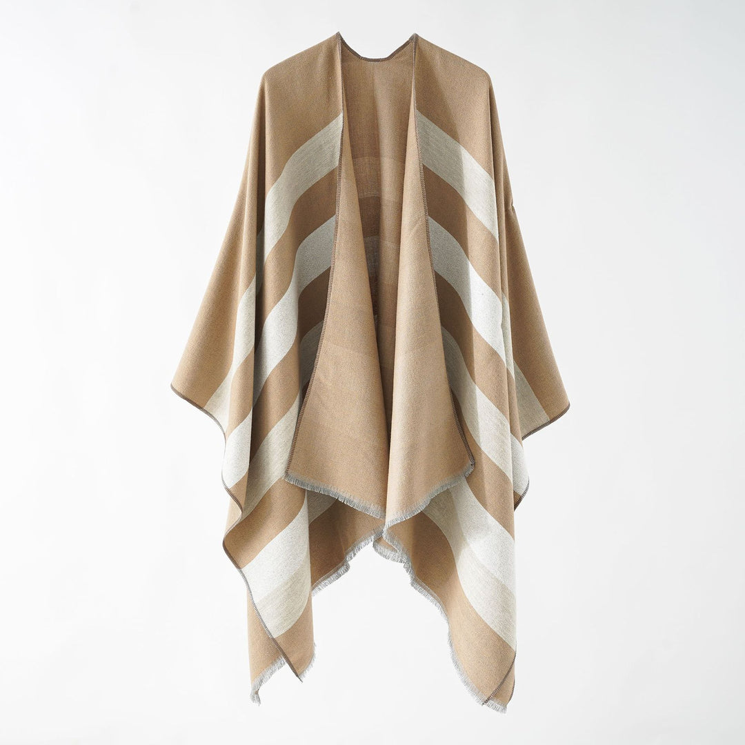 Women's Fine Wool Blend Cape with Diagonal Stripe Structure and Fringed Hem Mune Fashion