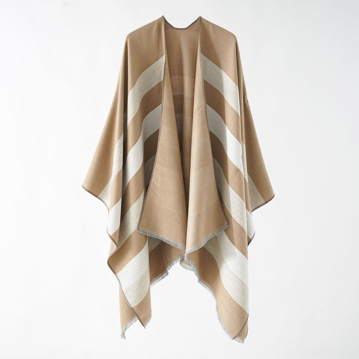 Women's Fine Wool Blend Cape with Diagonal Stripe Structure and Fringed Hem Mune Fashion