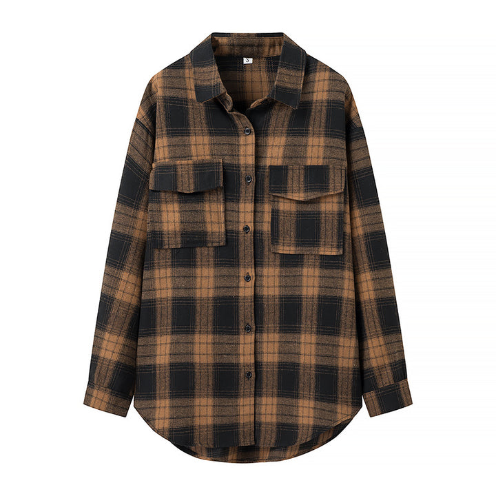 Women's Oversized Check Shirt Blouse with Patch Breast Pockets and Rounded Hem Mune Fashion