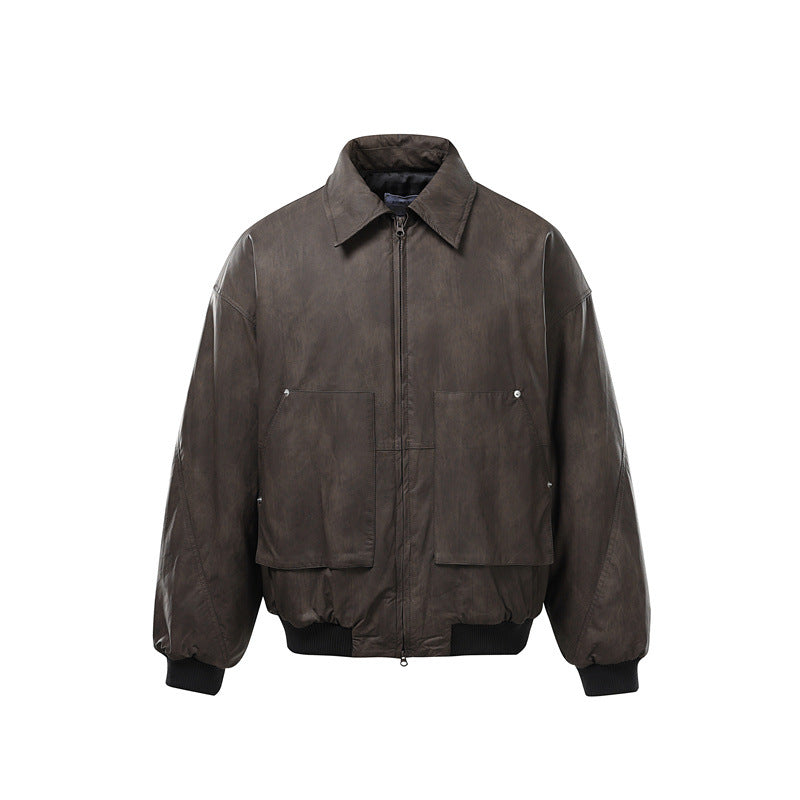 Men's Short Boxy Vintage Leather Look Blouson with Ribbed Cuffs and Large Flap Pockets Mune Fashion