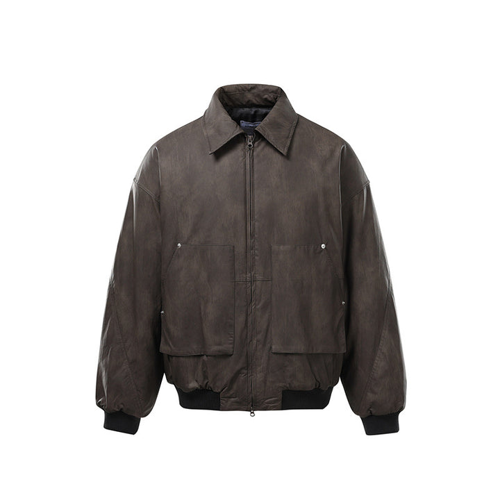 Men's Short Boxy Vintage Leather Look Blouson with Ribbed Cuffs and Large Flap Pockets Mune Fashion