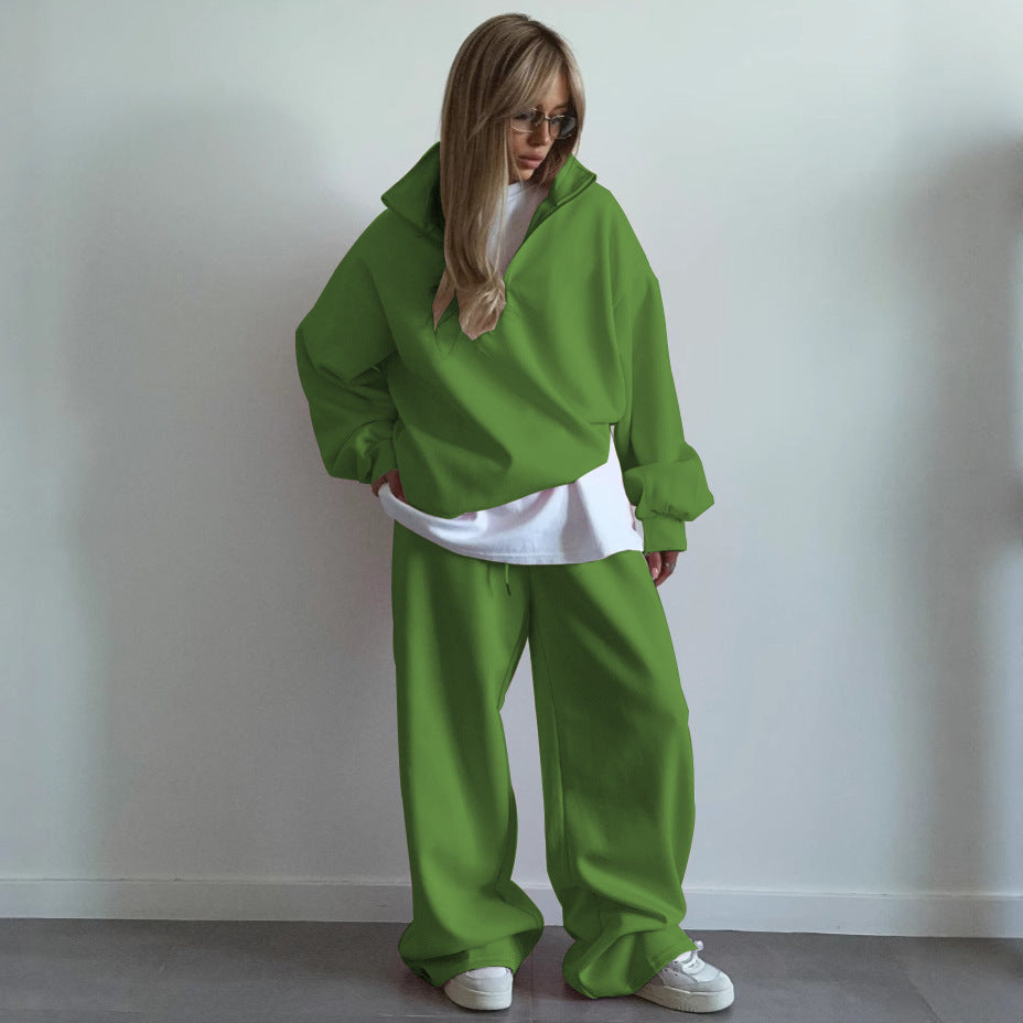 Women nan Oversize Half-zip Pullover with Stand-up Collar and Wide Lounge Pants Set Mune Fashion
