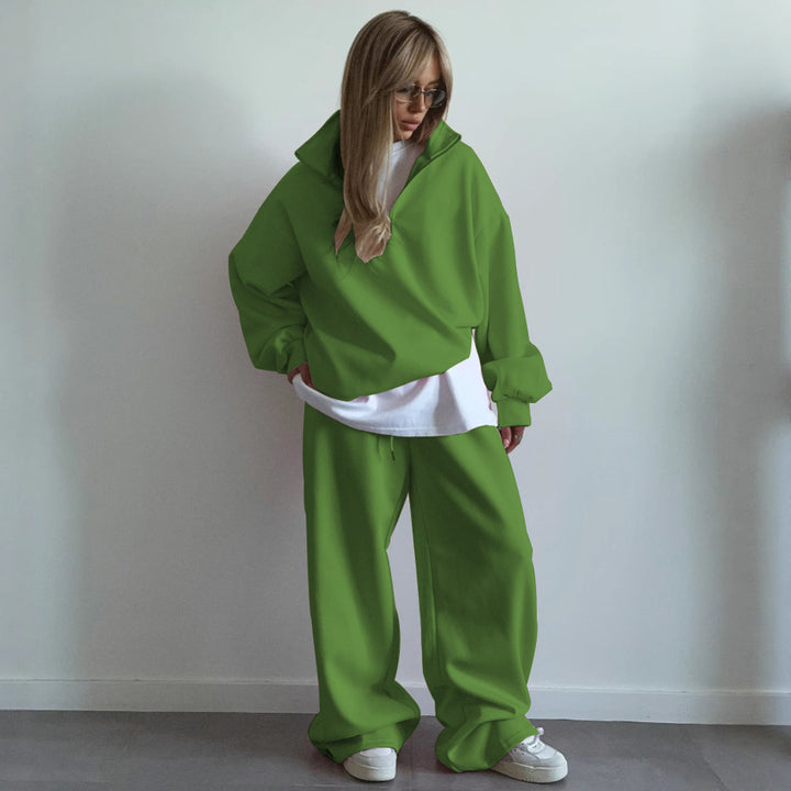 Women nan Oversize Half-zip Pullover with Stand-up Collar and Wide Lounge Pants Set Mune Fashion