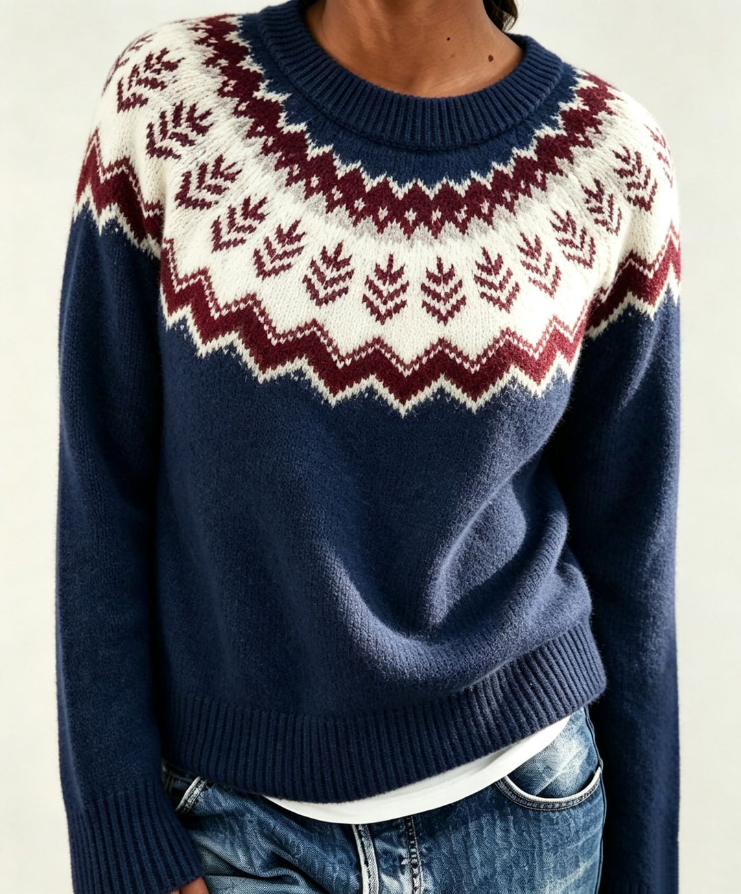 Women Round Neck Norwegian Sweater with Fair Isle Jacquard Mune Fashion