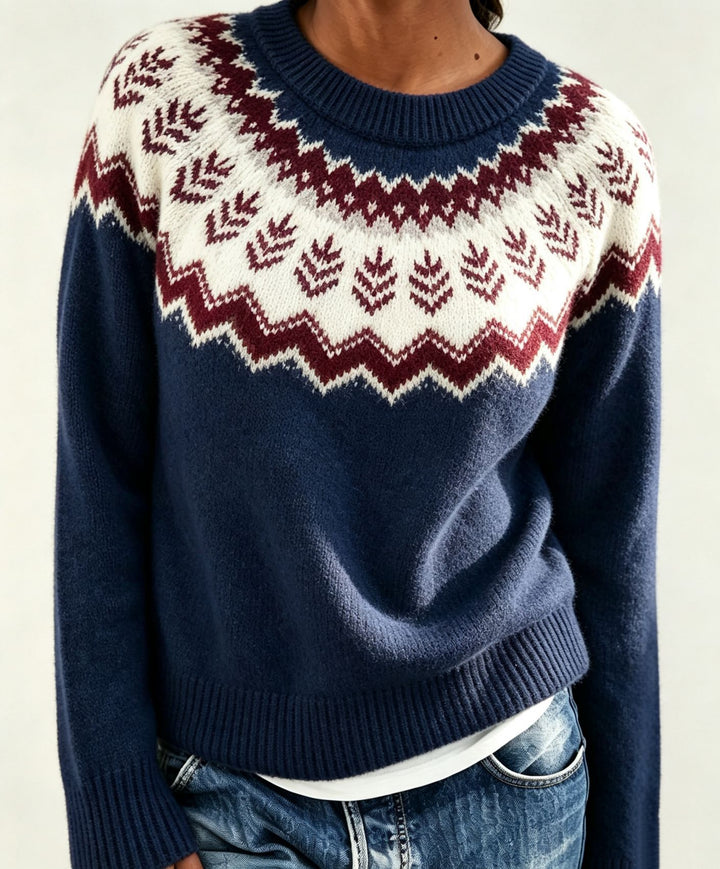 Women Round Neck Norwegian Sweater with Fair Isle Jacquard Mune Fashion