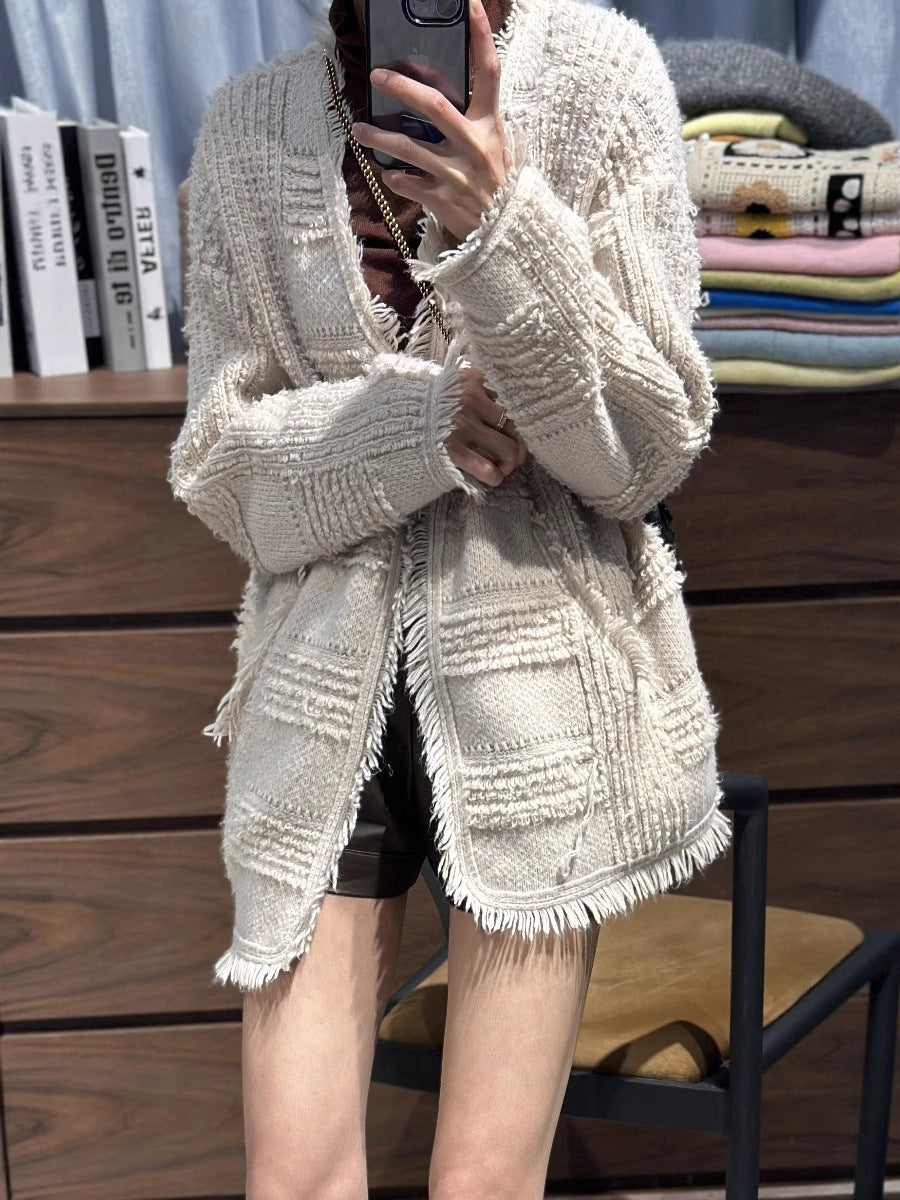 Women Oversized Knit Cardigan with Structured Check Pattern Look, Fringes and Patch Pockets Mune Fashion
