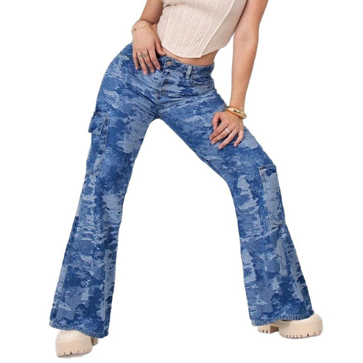 Women’s High-Waisted Palazzo Cargo Jeans made of Camouflage Denim with Patch Pockets Mune Fashion
