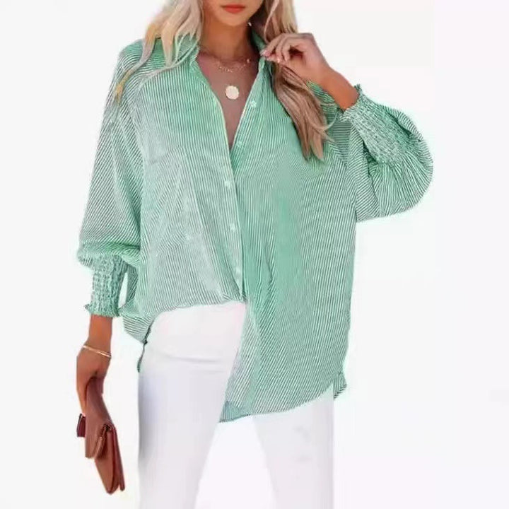 Women's oversized striped linen-look blouse with shirred cuffs