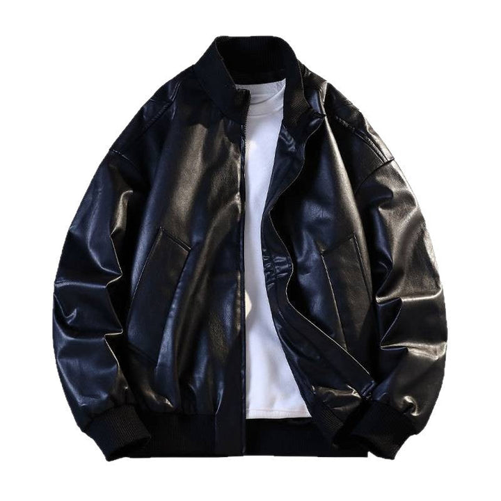 Men's Faux Leather Bomber Jacket with Elastic Ribbed Cuffs and Practical Pockets Mune