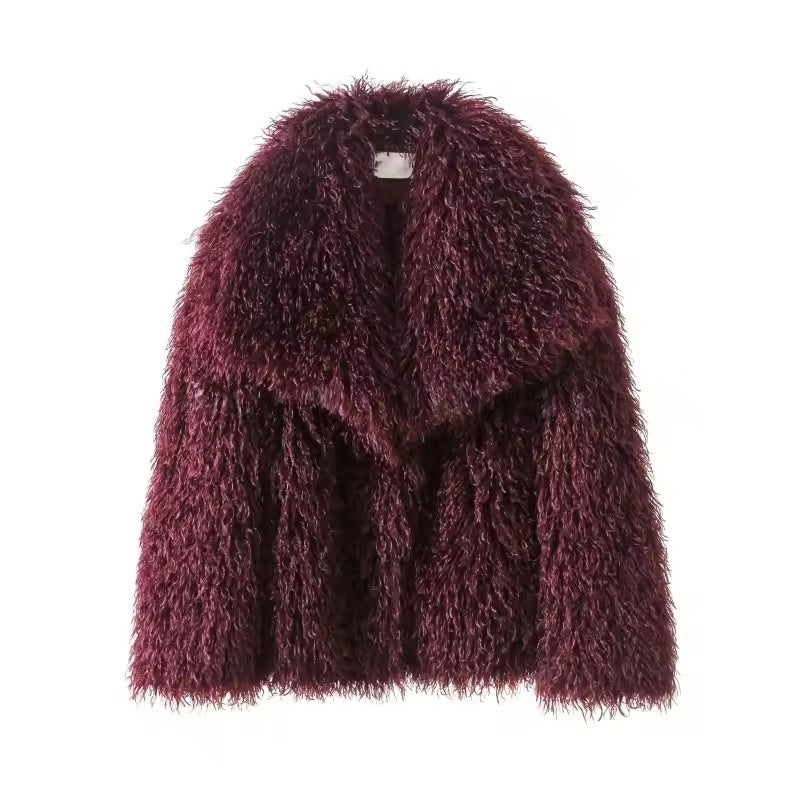 Women's short jacket made of long-pile faux fur with extra wide shawl collar Mune Fashion