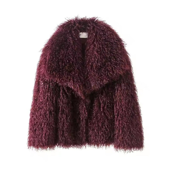 Women's short jacket made of long-pile faux fur with extra wide shawl collar Mune Fashion