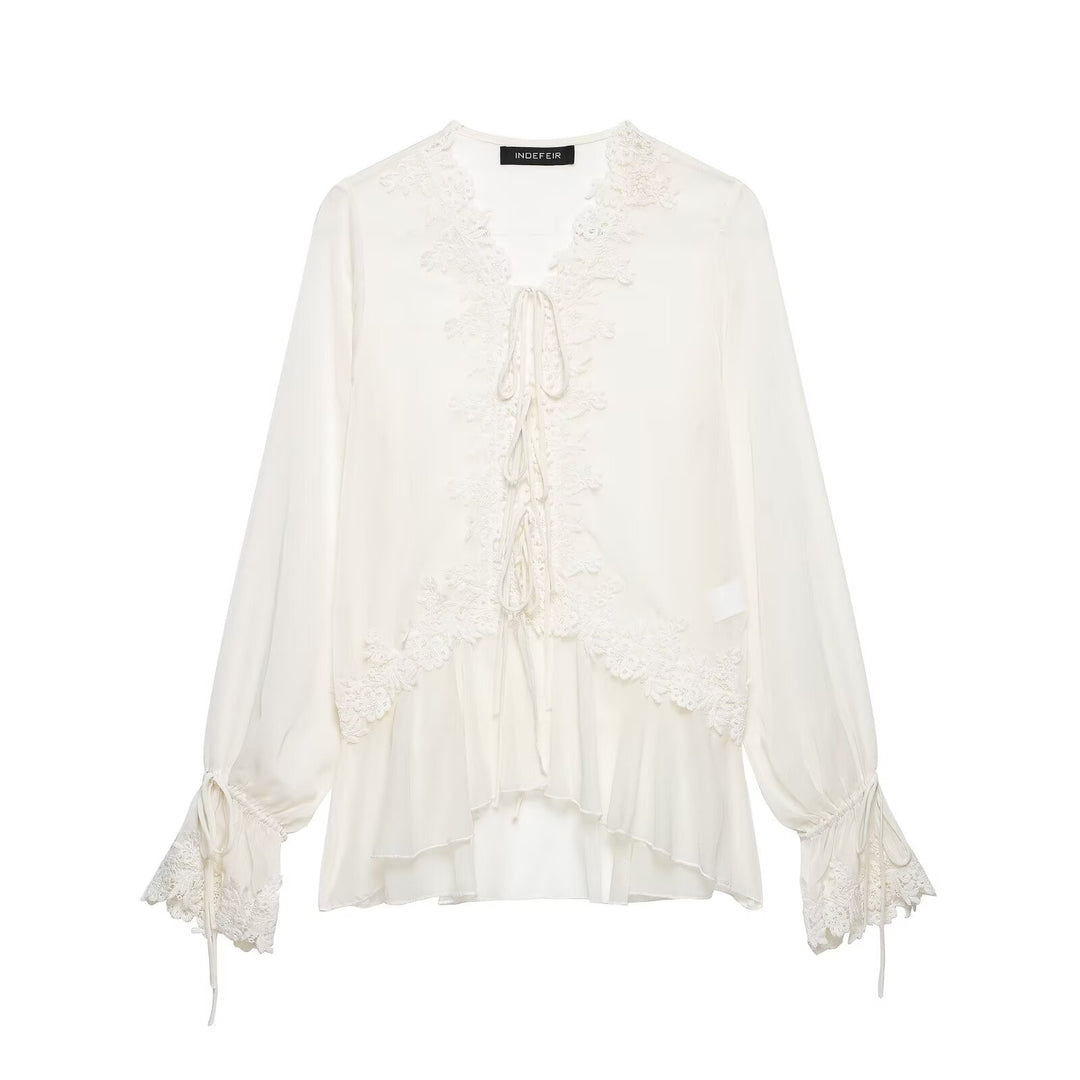 Women Romantic Chiffon Blouse with Lace Trim, V-Neck and Ruffle Layers Mune Fashion