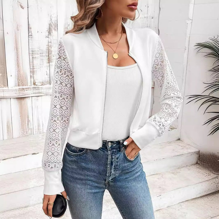 Women's bomber jacket with crochet lace sleeves and full-length zipper Mune Fashion