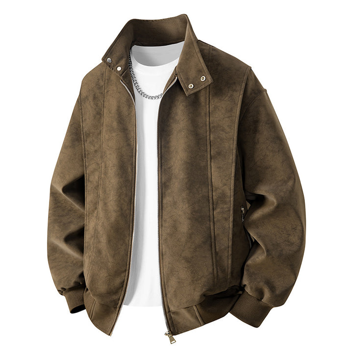 Men's Neat Velour Leather Look Bomber Jacket with Stand-Up Collar, Two-Way Zipper & Zipper Pockets Mune Fashion