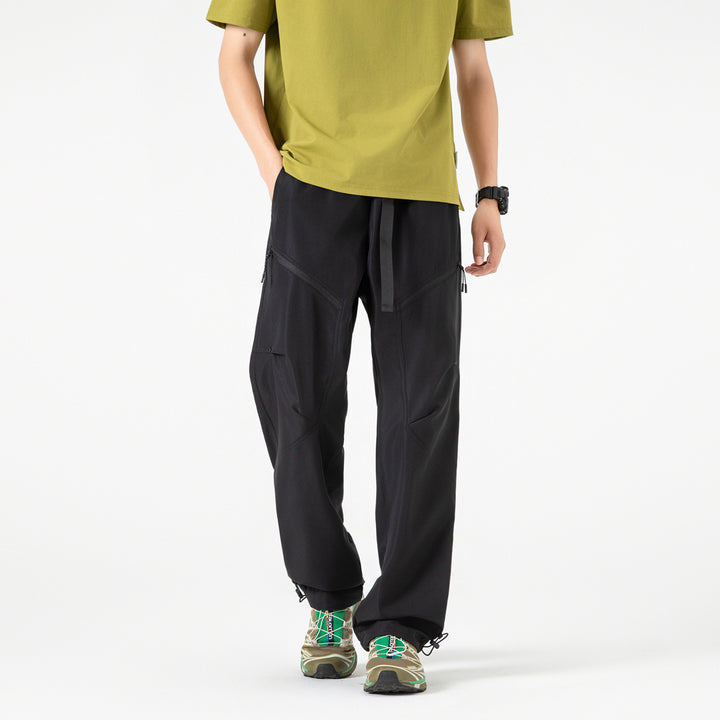 Men's Wide Technical Cargo Pants with Drawstring Waistband, Adjustable Leg Openings and Zipper Pockets Drune