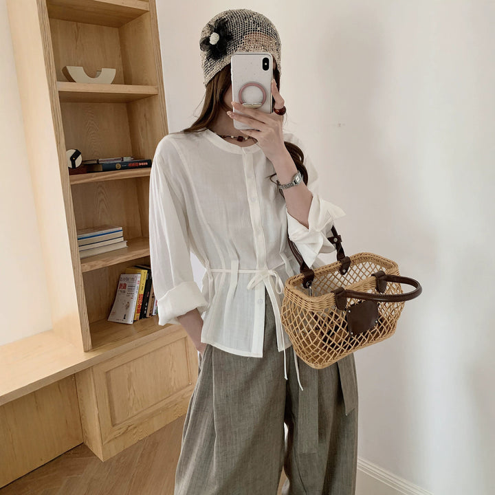 Women Light Cotton Gauze Blouse with Drawstring Waist and Stand-Up Collar Mune Fashion