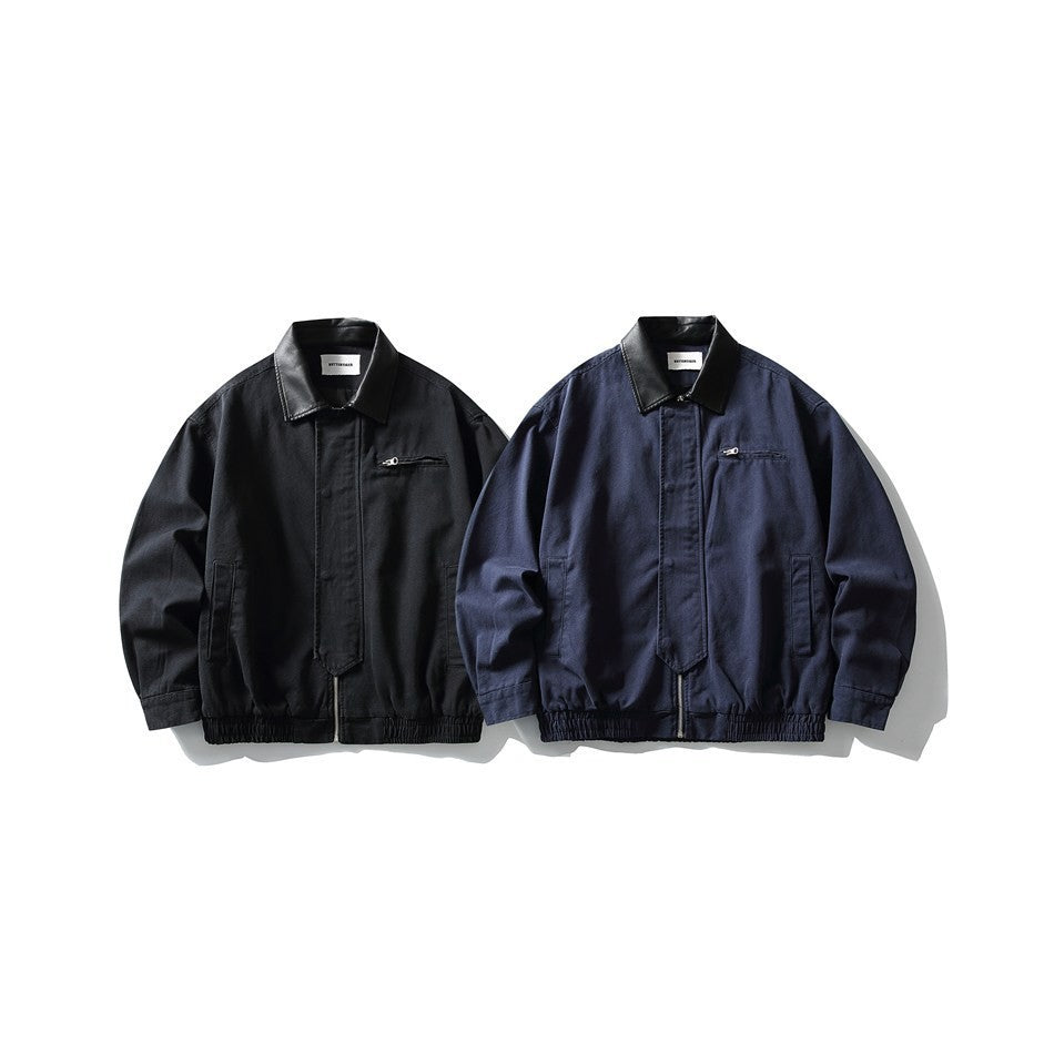 Men's Boxy Canvas Blouson with contrasting faux leather collar and elastic hem Mune Fashion